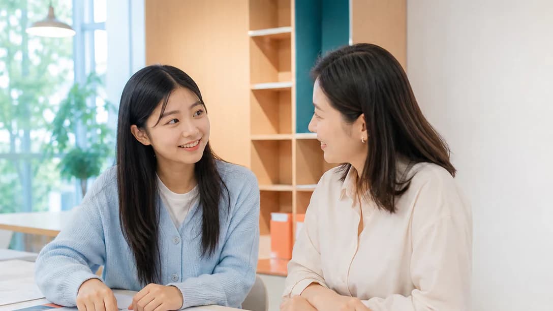 한국인 여학생이 상담자와 디자인 결과물을 살펴보는 장면